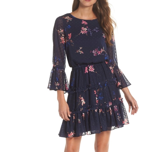eliza j ruffle fit and flare dress